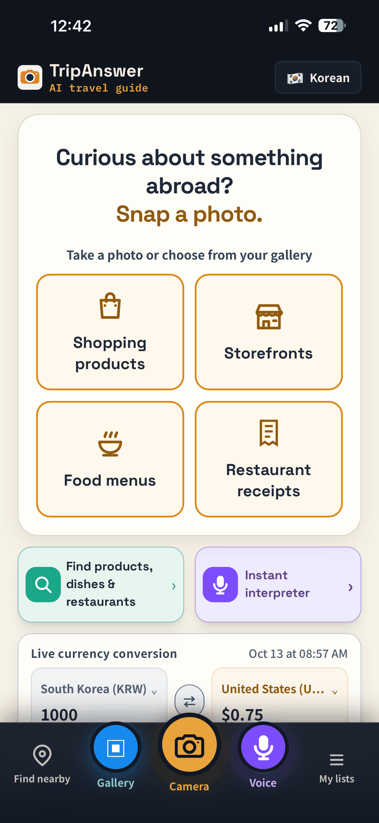 TripAnswer app home screen with Shopping and Menu AI analysis tools