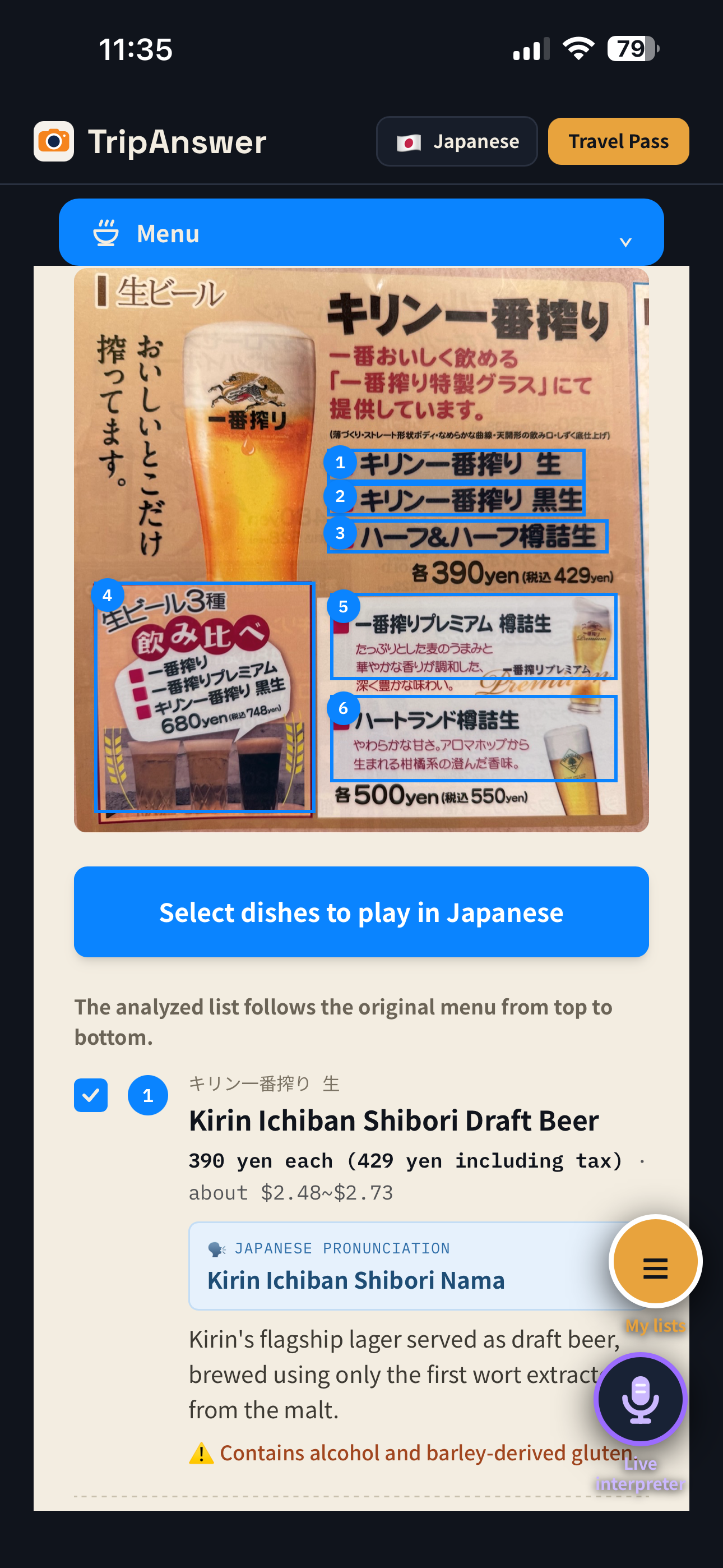 TripAnswer AI analysis of a menu